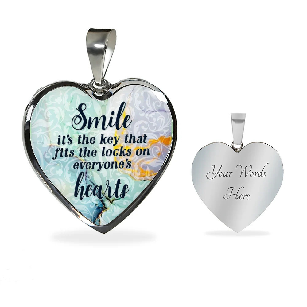Smile Personalized Engraved Silver Heart Necklace Custom Name Date Gift for Her